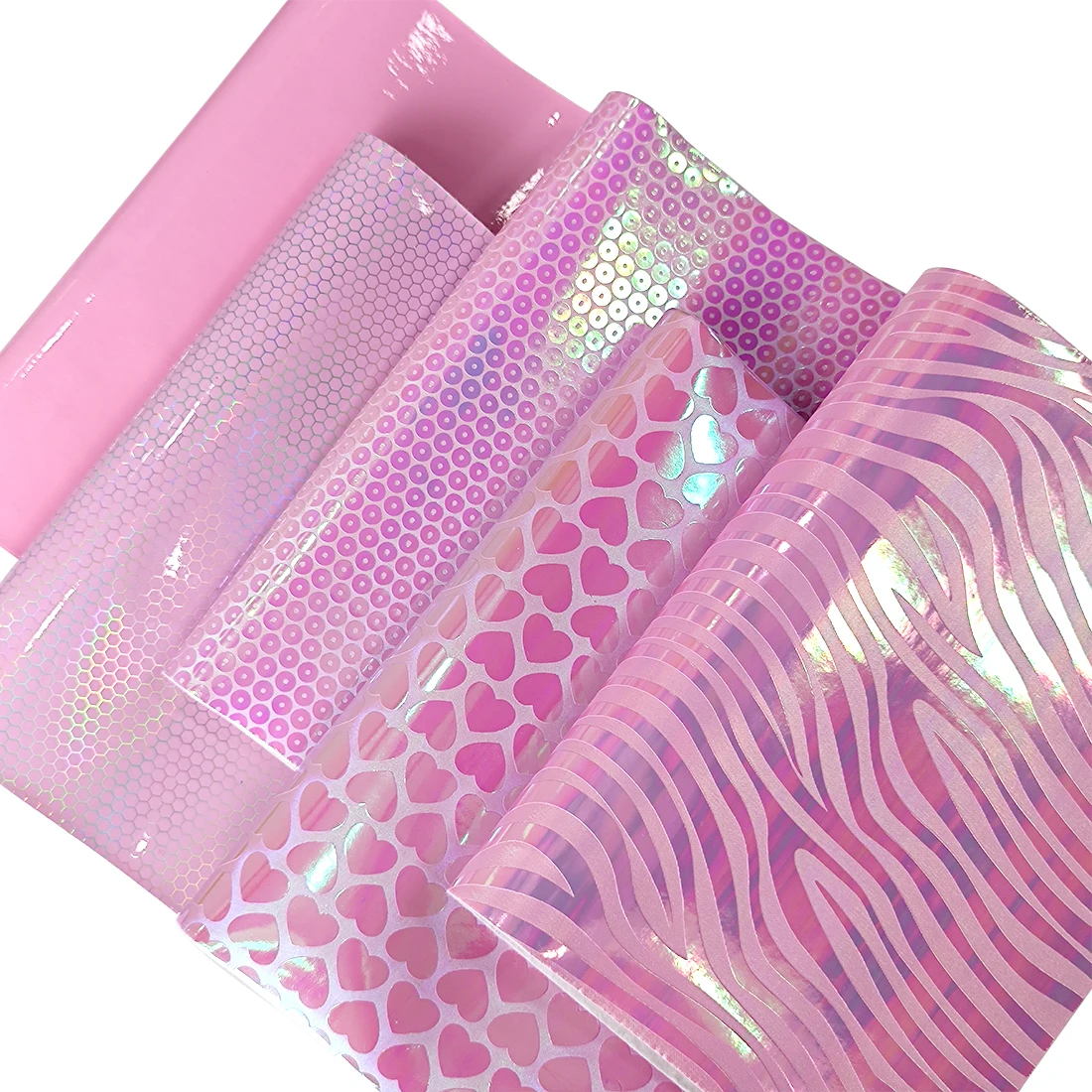 

Pink Set Heart Printed Honeycomb Wave Embossed Faux Leather Fabric Sheets for Bows Crafts Holographic Glossy Bright Leatherette