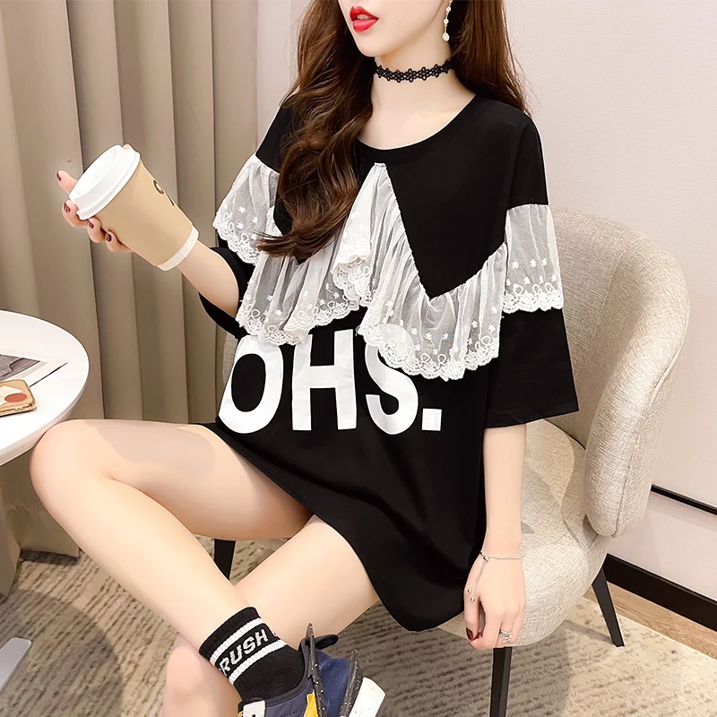 

DAYIFUN Black Green Orange Long T Shirt Women Spliced Lace O Neck Casual Harajuku Streetwear T-shirt Cotton Korean Top Tees