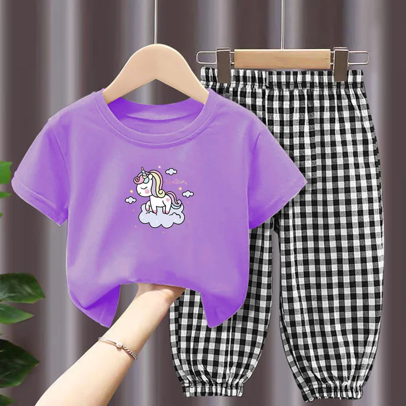 

New Cartoon Kids Clothes 2022 Spring Summer Girls Clothing Set Children Clothes T Shirt + Pants Plaid Child Outfits Girl