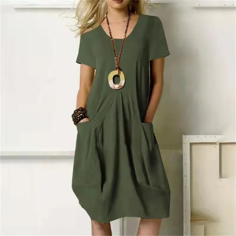 

Women Casual Scoop Neck Short Sleeve Ruffled Mini Dress Solid Beach Sundress Oversized Loose Robe Summer Pocket Korean Vestido