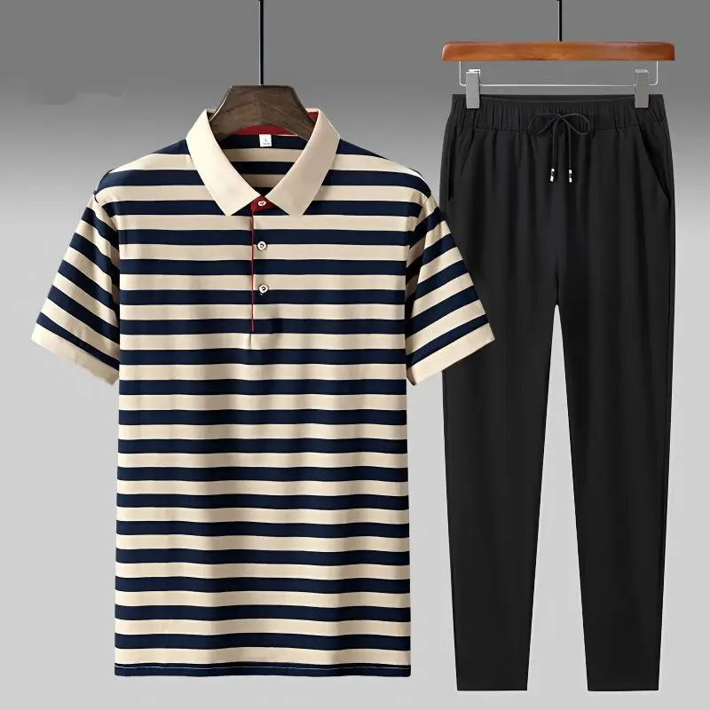 

Summer Tracksuit Short Sleeve Polo Shirt+pants Suit Men Vintage Stripe Polo Shirt Oversized Men Clothing 2 Piece Sets X25