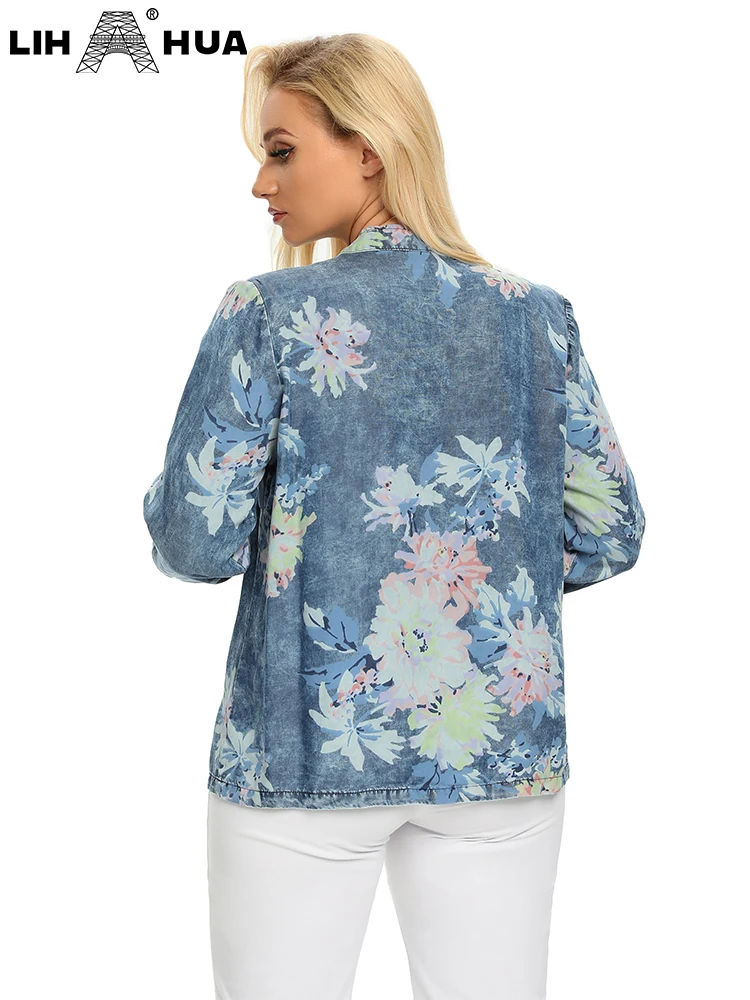 LIH HUA Women's Plus Size Denim Jacket Autumn Chic Elegant Jacket For Chubby Women Cotton Woven Jacket