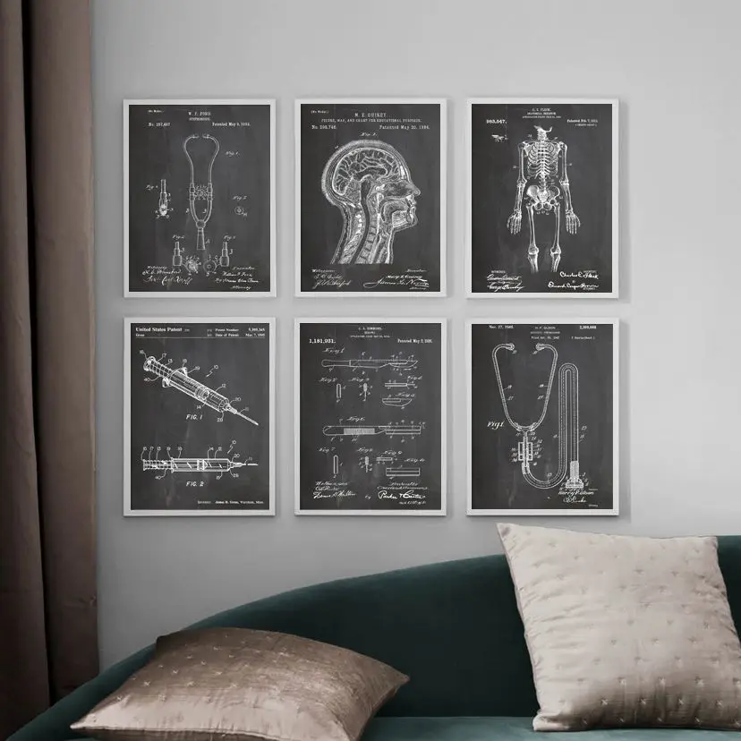 

Костяной стетоскоп скальпель запатентованный дизайн рисунок настенная живопись на холсте плакаты и печать настенные картины для декора гостиной