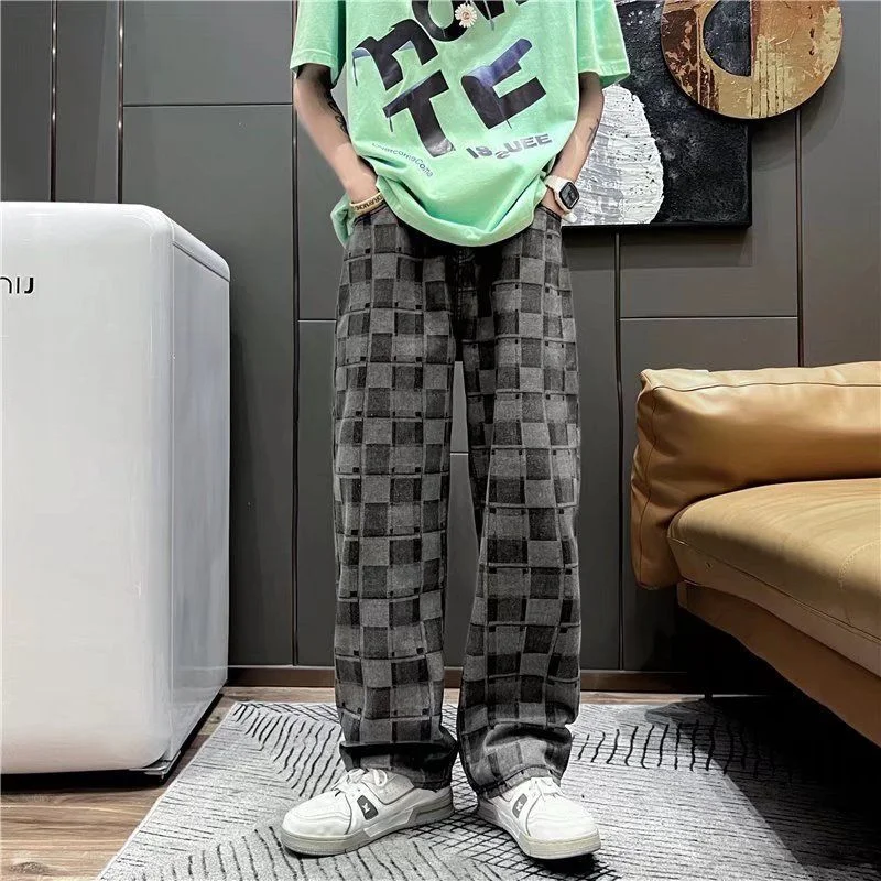 DEEPTOWN Plaid Straight Jeans for Men Loose Wide Leg Denim Pants Male Black Blue Trousers Casual Streetwear Hip Hop Fashion