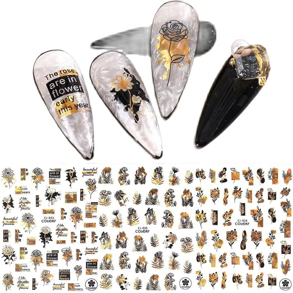 

9pcs Flower Nail Art Sticker Decal Golden Black Sticker Nail Decals from 3D Holographic Laser Nail Abstract design Sticker,565