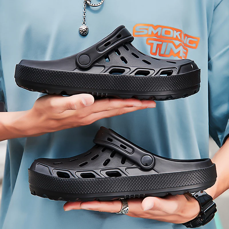 

Летние мужские сандалии на платформе пляжная обувь, мужская обувь, Aqua дышащие ажурные садовые тапочки, черная обувь для воды