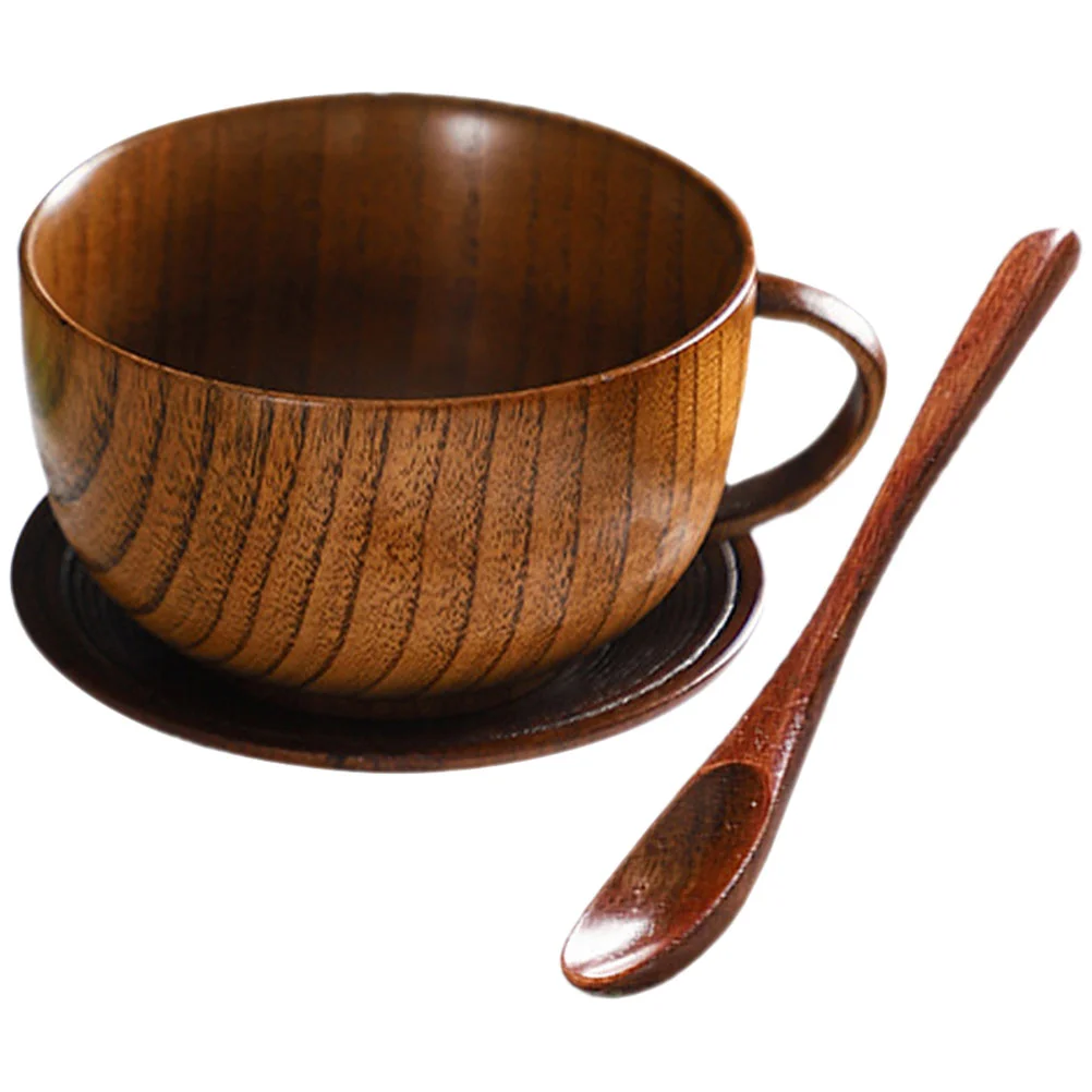 

1 Set of Wooden Cup Household Decorative Coffee Mug with Saucer Spoon