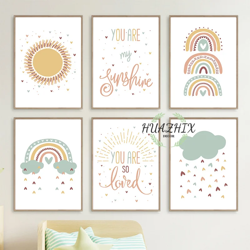 

Cartoon Sun Rainbow Cloud Rain Quotes Wall Art Canvas Painting Nordic Posters and Prints Nursery Wall Pictures Kids Room Decor