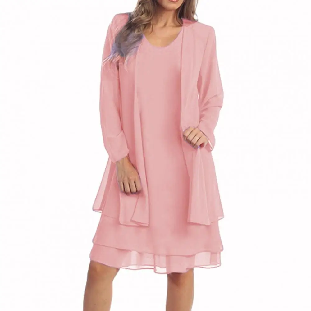 

1 Set Office Dresses for Women 2022 Solid Color Flowy Relaxed Fit Cardigan Chiffon Dress Coat for Party Dress Women Summer