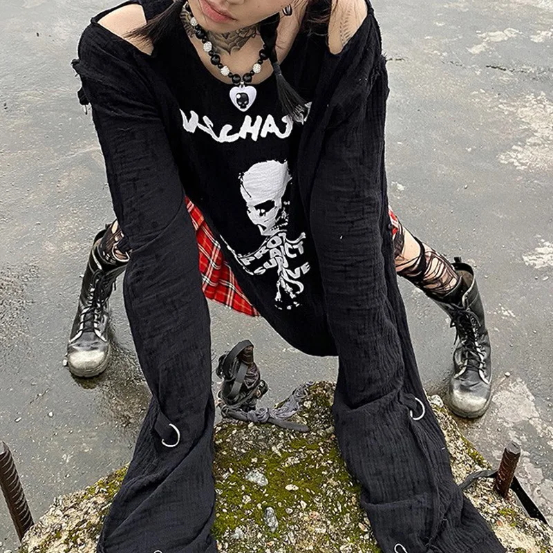 

2022 Punk Gothic Off Shoulder Irregular Emo T-shirt Women Fairy Grunge Skulls Print Goth Clothes Dark Academia Cottagecore Tops
