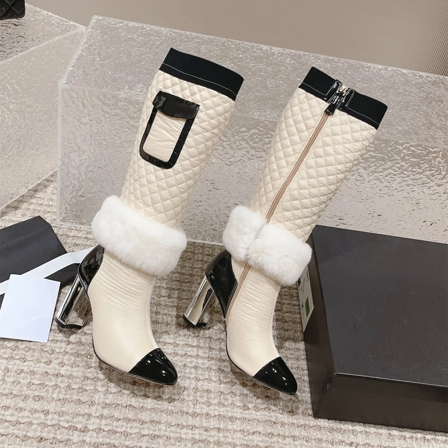 

Shoes For Women Size34-41 Patent Leather Down Boots Super High Heels Knee High Boots Wool Winter Designer Shoes Zapatillas Mujer