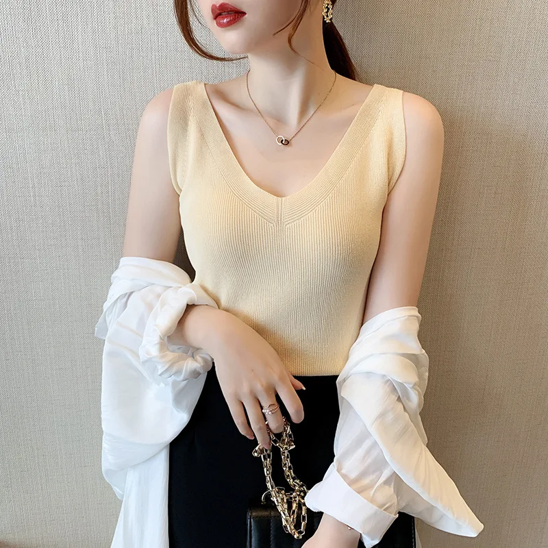 

Летняя вязаная жилетка из вискозы, Женский Топ без рукавов с V-образным вырезом, сексуальная женская футболка, жилет, Женская майка, нижняя о...