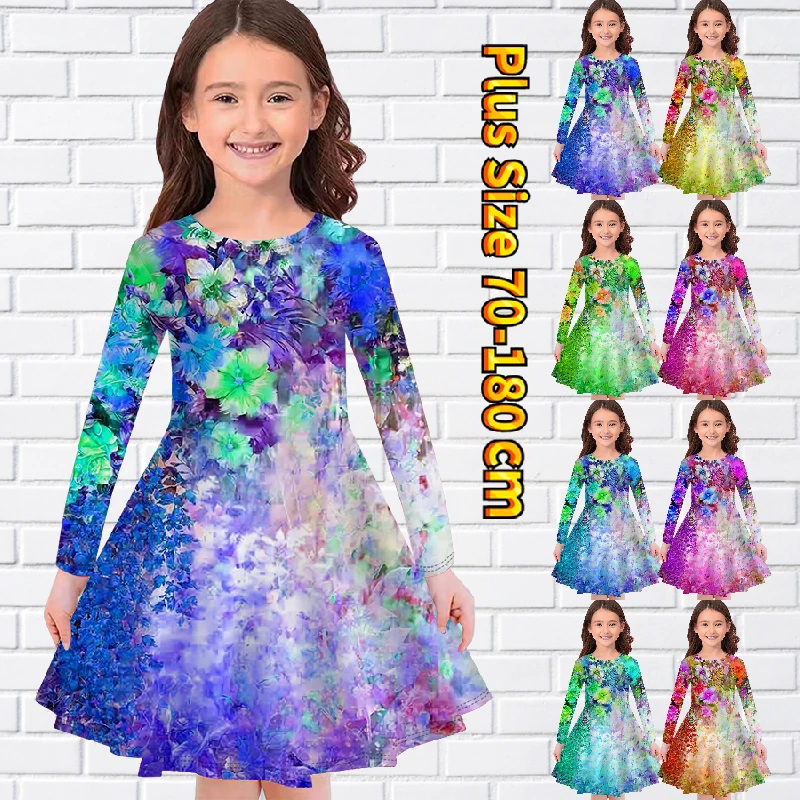 

Зимняя модная юбка с длинным рукавом и цветочным принтом для маленьких девочек, юбка миди с круглым вырезом, Юбка До Колена, осенняя Милая Свободная юбка принцессы