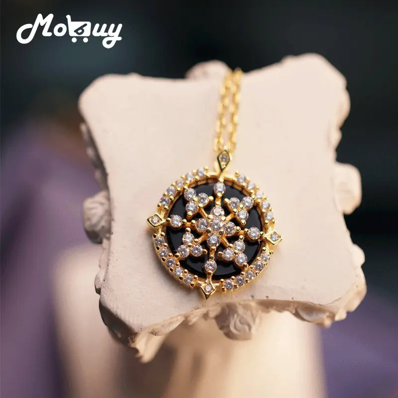 

MoBuy Natural Gemstone Black Agate Necklace For Women Vintage Compass Pendant 925 Sterling Silver Gold Plated Fine Jewelry Gift