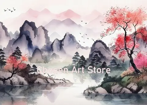 Китайский ландшафт чернильный лес Гора река храм цветение сливы постеры Печать на холсте картина на стену картины для домашнего декора