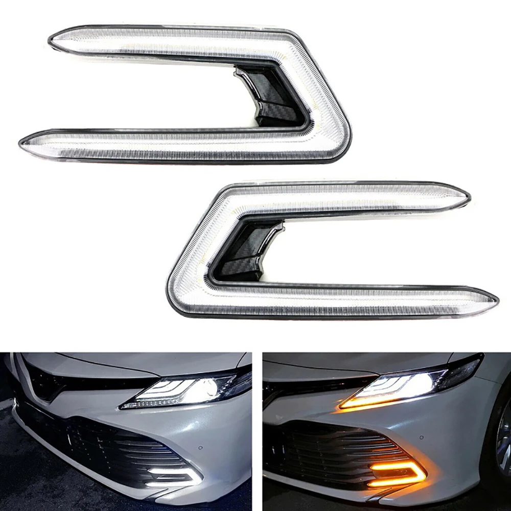 2pcs 12V C-Ring LED Car Daytime Running Lights LED Fog LampS with Turn Signal for Toyota Camry L LE XLE 2018 2019 2020