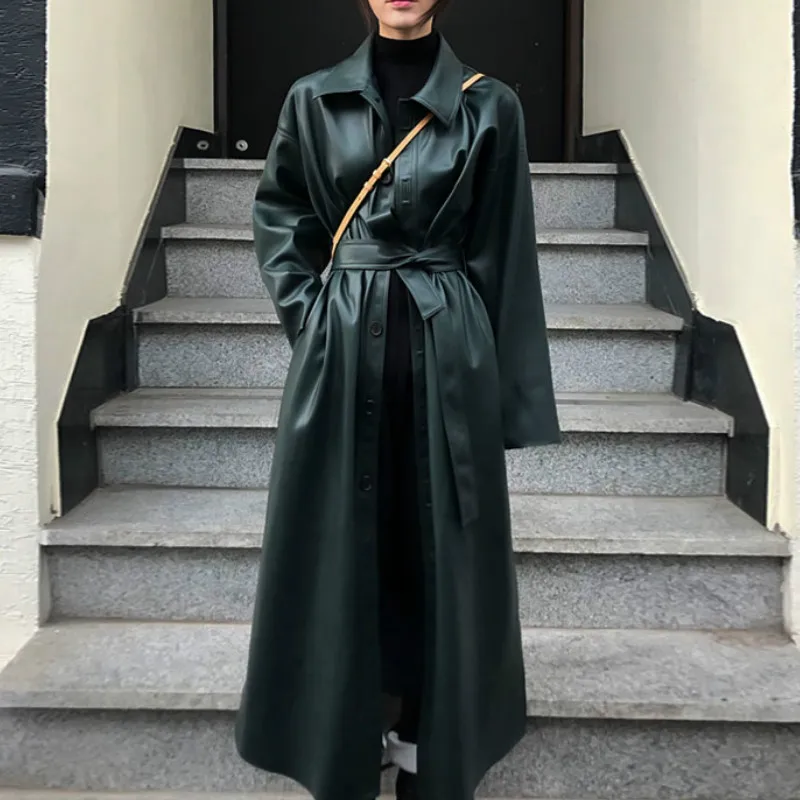 Fashion Cool PU Leather Mid-length Jacket 2020 Autumn and Winter New Women's Loose Belt PU Leather Windbreaker Slim Fit