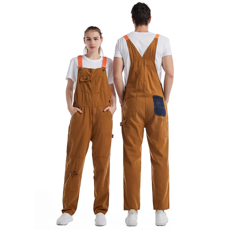 Mens Jeans Brown Strappy Denim Trousers Suspenders Elasticityless Jumpsuit Cargo Jeans Streetwear Pants for Men and Women 5XL