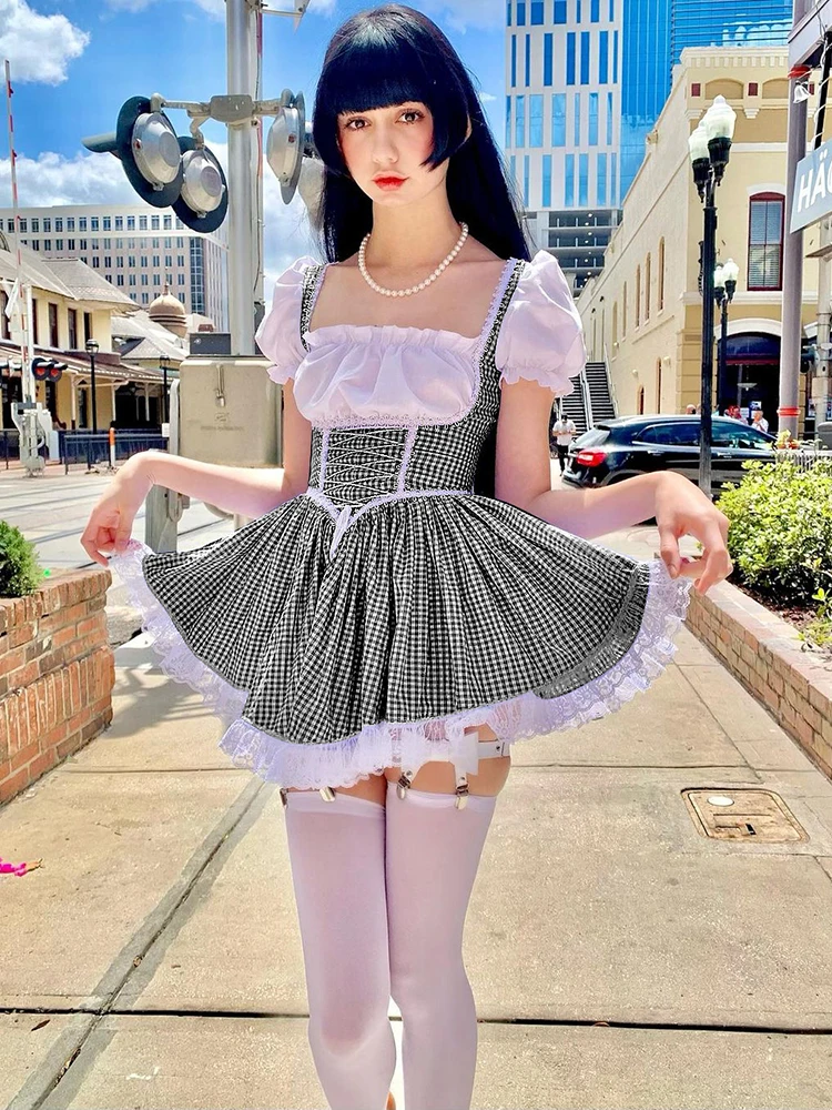 

Женское платье в стиле ретро, кружевное лоскутное платье с пышными рукавами, ТРАПЕЦИЕВИДНОЕ ПЛАТЬЕ в стиле Харадзюку