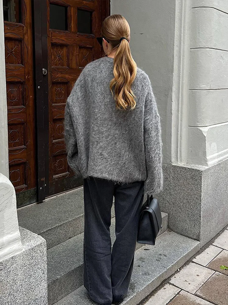 Casual Knitted Solid V-neck Cardigan Women Retro Loose Plush Single Breasted Sweaters Female Autumn Winter Elegant Knitwear