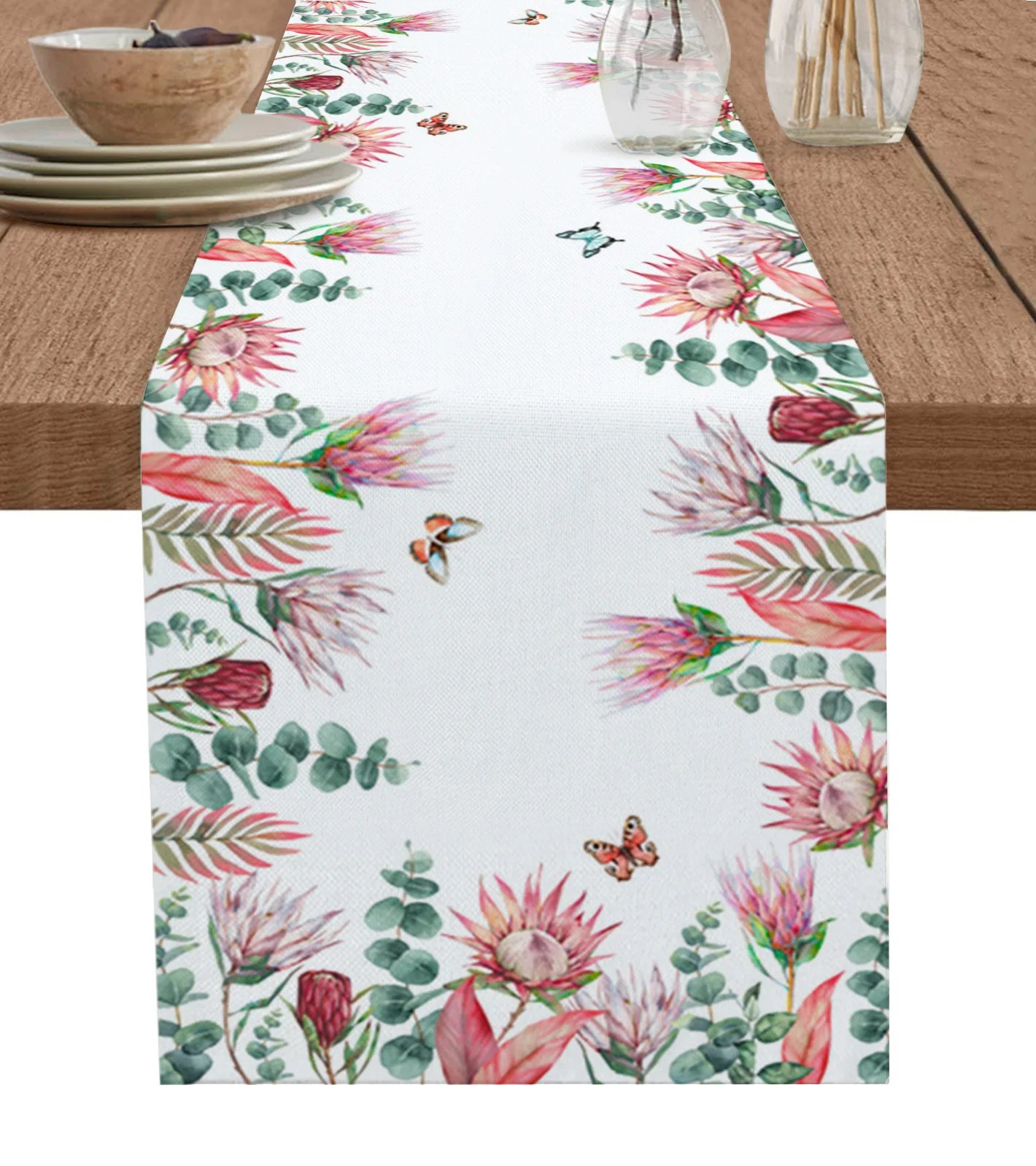 

Idyllic Tropical Plants Flowers Butterflies Table Runner Kitchen Dining Table Cover Wedding Party Decor Cotton Linen Tablecloth