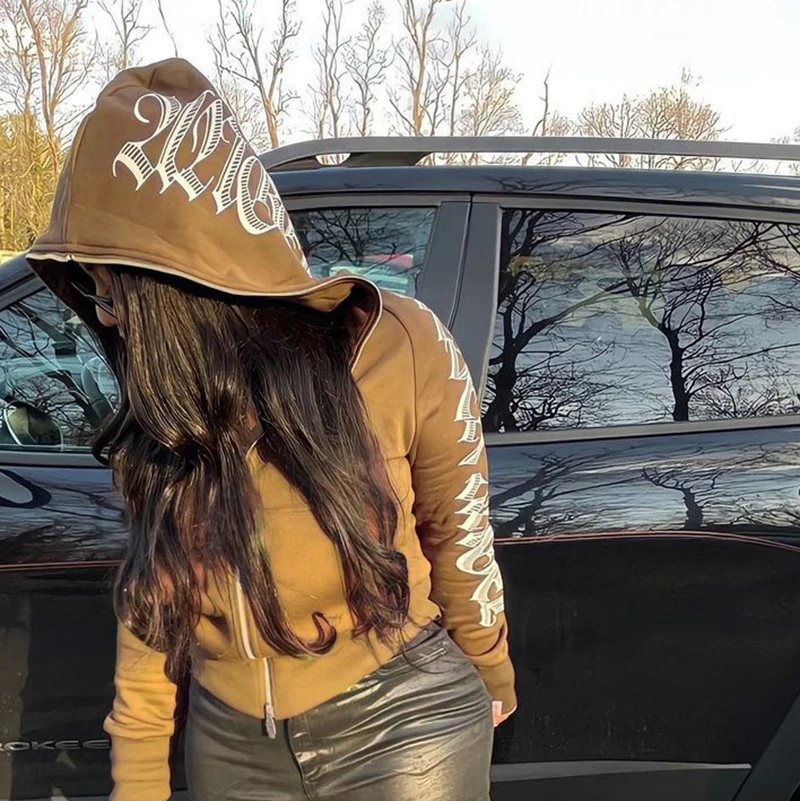 Streetwear Letter Printed Women Hoodie Jackets Zip Up Long Sleeve Gothic Punk Y2k  Winter Ladies Clothes Vintage Graphic 90s Top