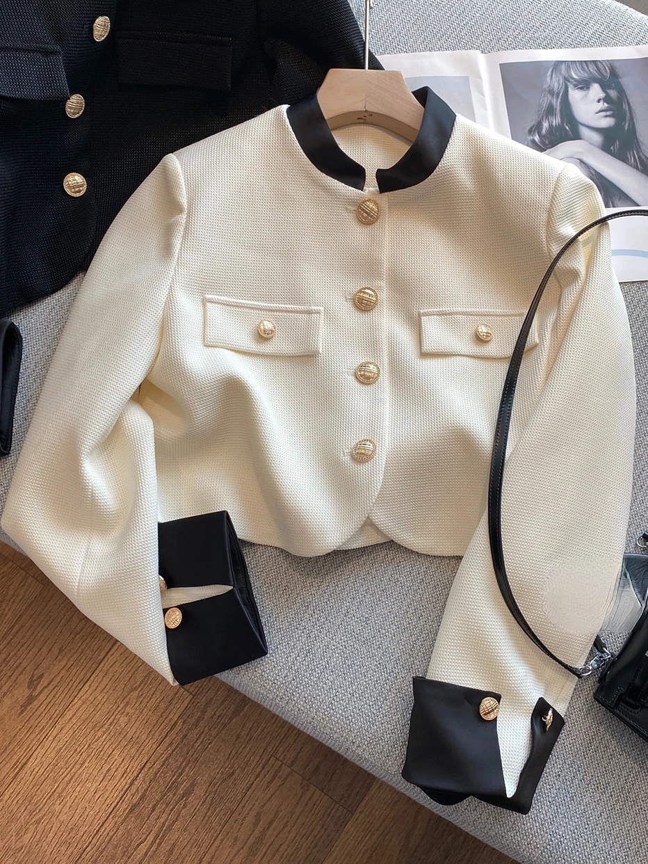 French Style Stand Collar Coat Female 2023 Short Spring and Autumn Female Stitching White Socialite Temperament Suit Jacket