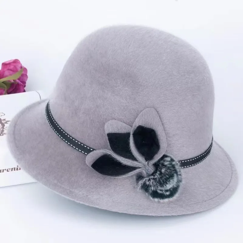 

Autumn Winter Wool Hats Ladies Dome Hat Vintage Elegant Fedoras Cap With Flower Sun Hat Casual Basin Hat Bowler Hat Version