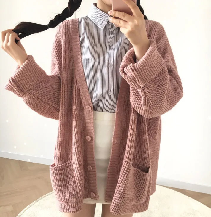

Casual Cardigans Women Solid Oversized Knitted Sweater Coat Female Korean Fashion V-Neck Button Up Long Sleeve Jumper Tops