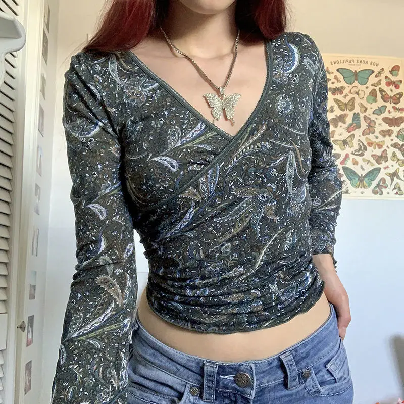 

Retro Rthnic Style Tie-Dye Printing Sexy V-neck Top Women Vintage Short Slim Fit Fungus Long-sleeved T-shirt Sweet Spicy Style