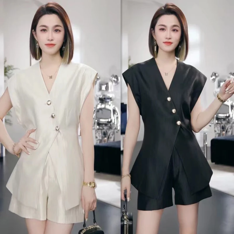 Женский офисный костюм из двух предметов однобортный Топ с V-образным вырезом и