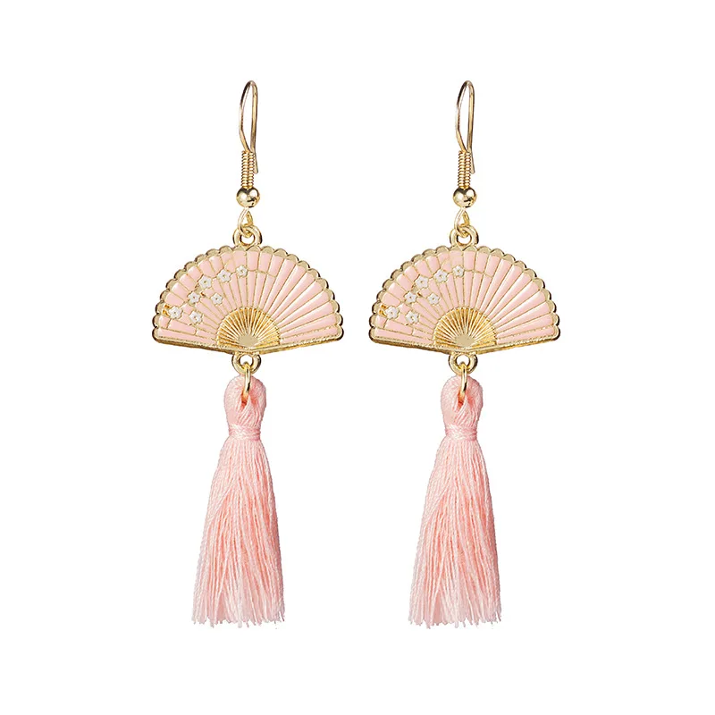 Ethnic Hollow Fan Shaped Earrings for Women Vintage Chinese Wedding Party Jewelry Tassel Pendant Earclip Children Gifts