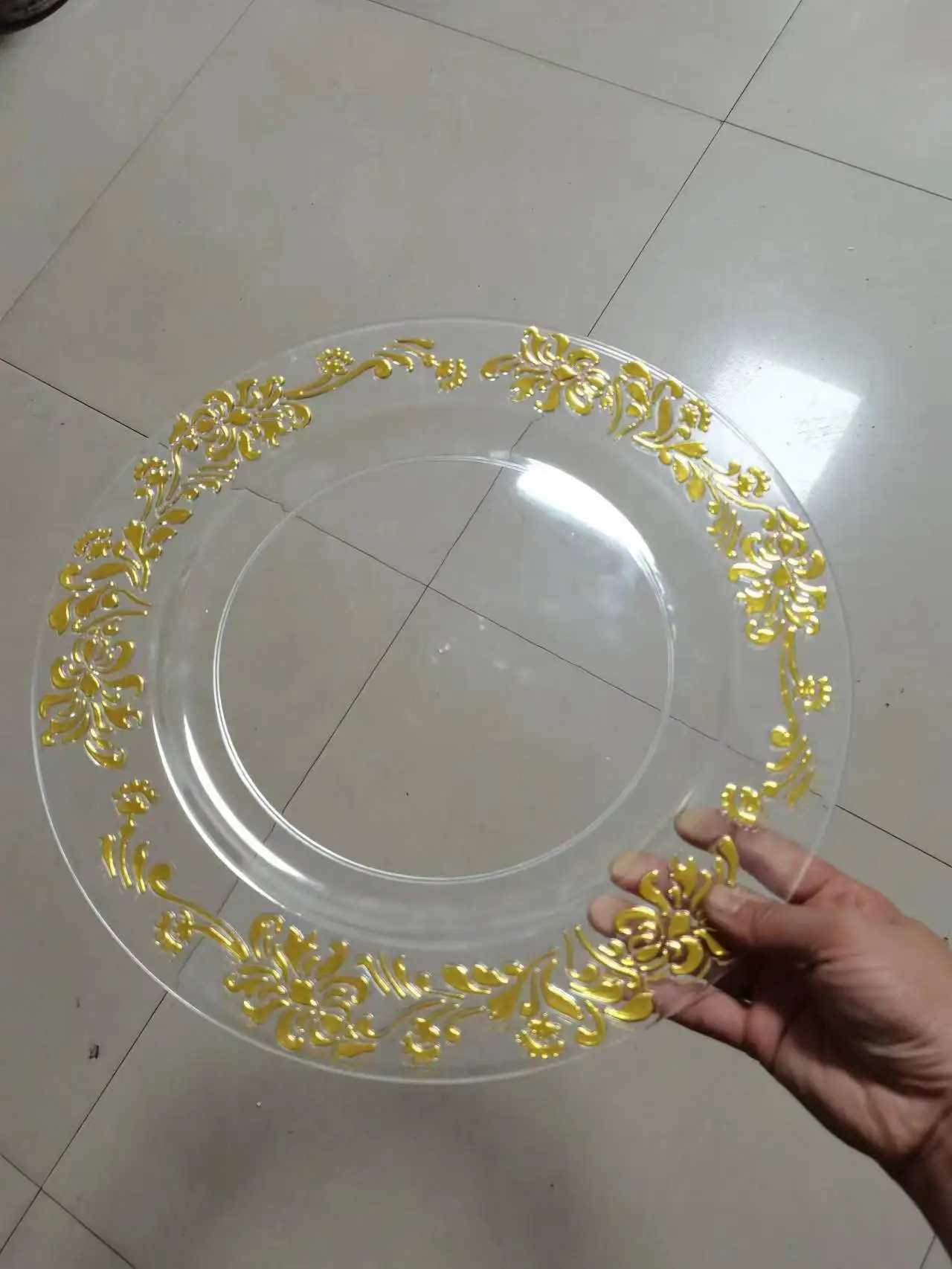 

100pcs Wedding Party Christmas Decorative Plate Transparent Plastic Plate Hot Gold Bead Plate PS Charger Plate