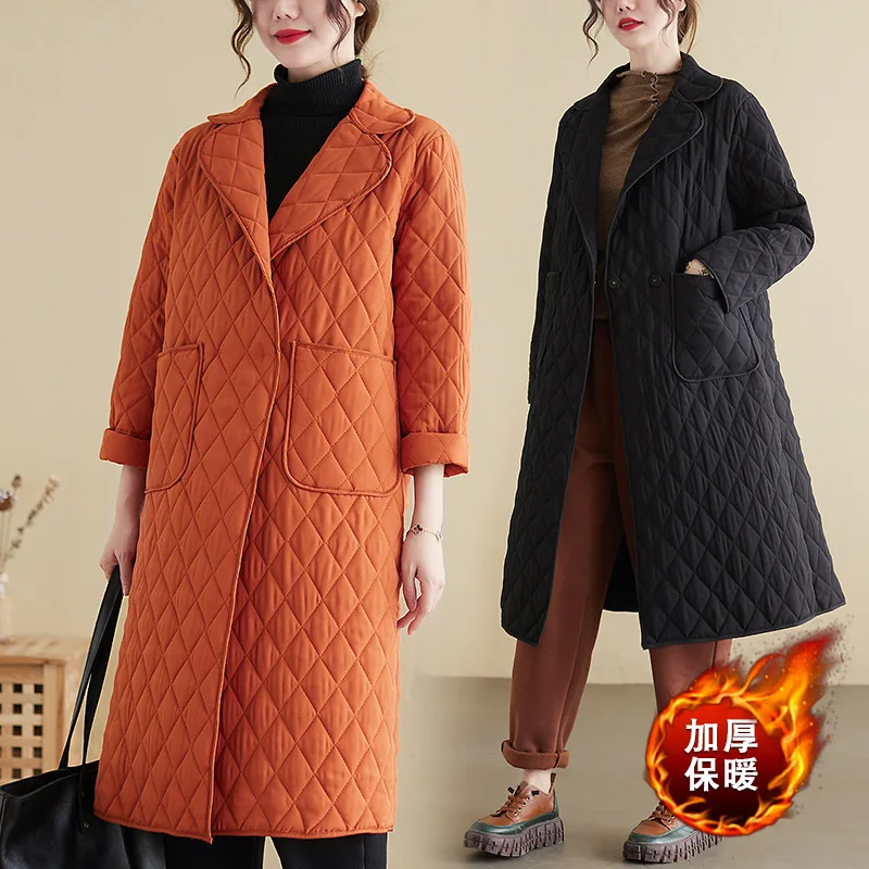 2022 Fashion Women's Winter New Retro Rhombus Cotton Long-Sleeved Stand-Up Collar Solid Color All-Match Literary Retro Long Coat