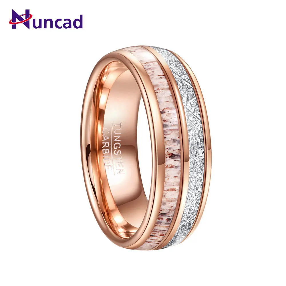 

BONLAVIE 8mm Rose Gold Inlaid Antler + Imitation Meteorite Tungsten Steel Ring Wedding Jewelry Gift Ring Size 7-12