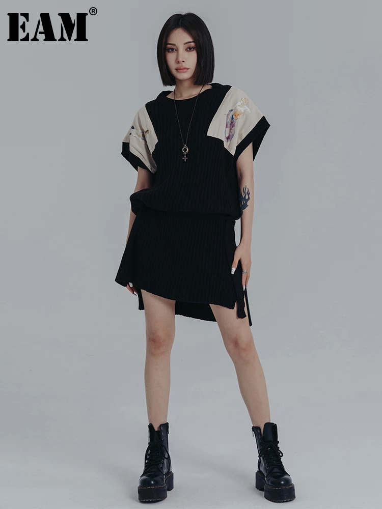 

[EAM] Women Black Printed Knitting Big Size Dress New Round Neck Sleeveless Loose Fit Fashion Tide Spring Summer 2022 1DE8076