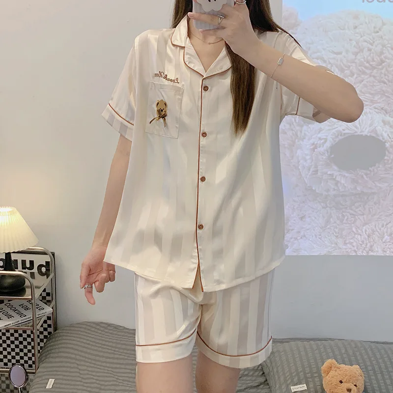 2023 new ice silk nightdress short sleeve+shorts two piece women pajamas set summer sleepwear imitation home clothes