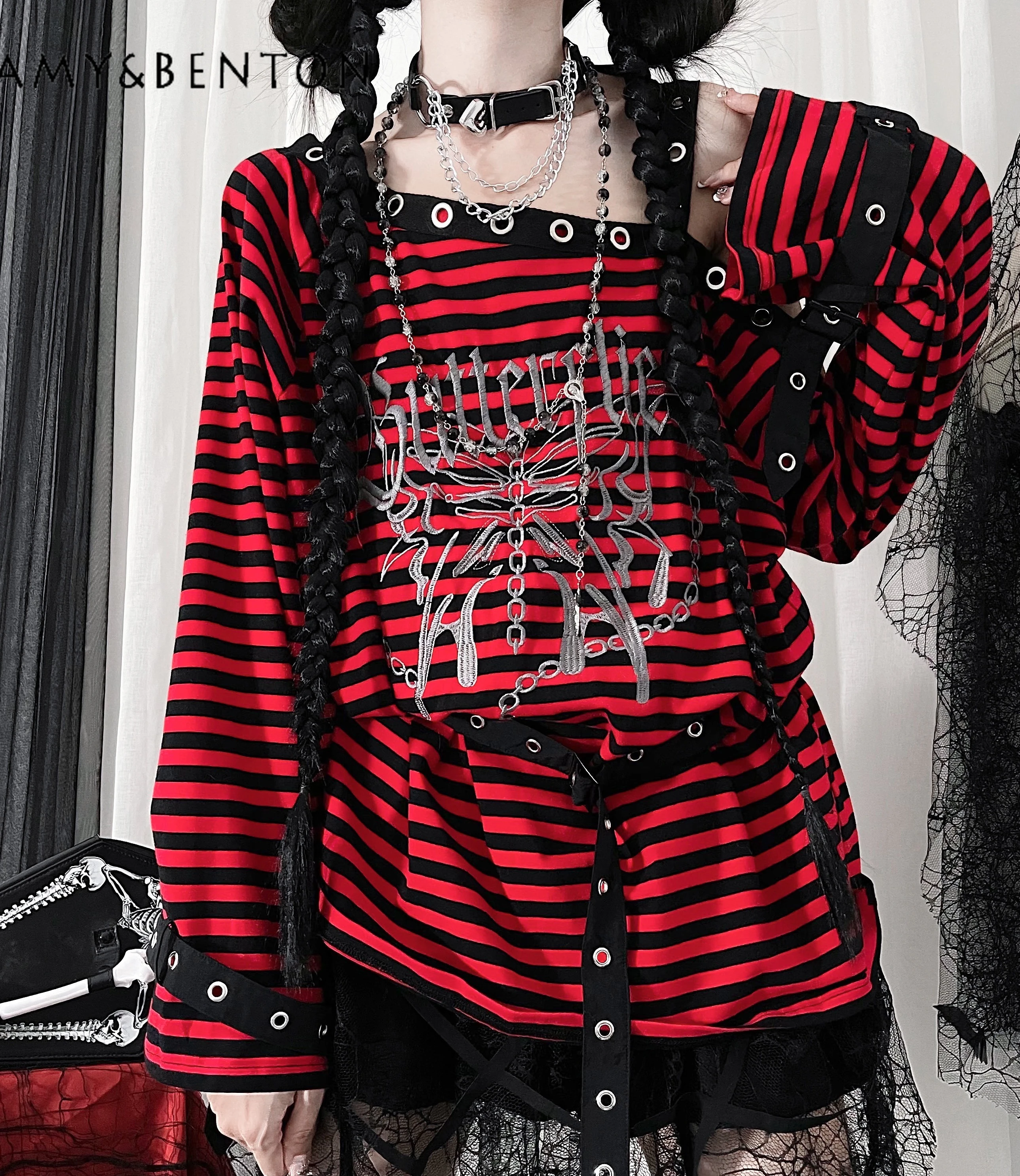 

Japanese Gothic Animal Embroidery Striped Long Sleeve Hoodies Sexy Off-Shoulder Design Tops Women Loose Streetwear Clothes