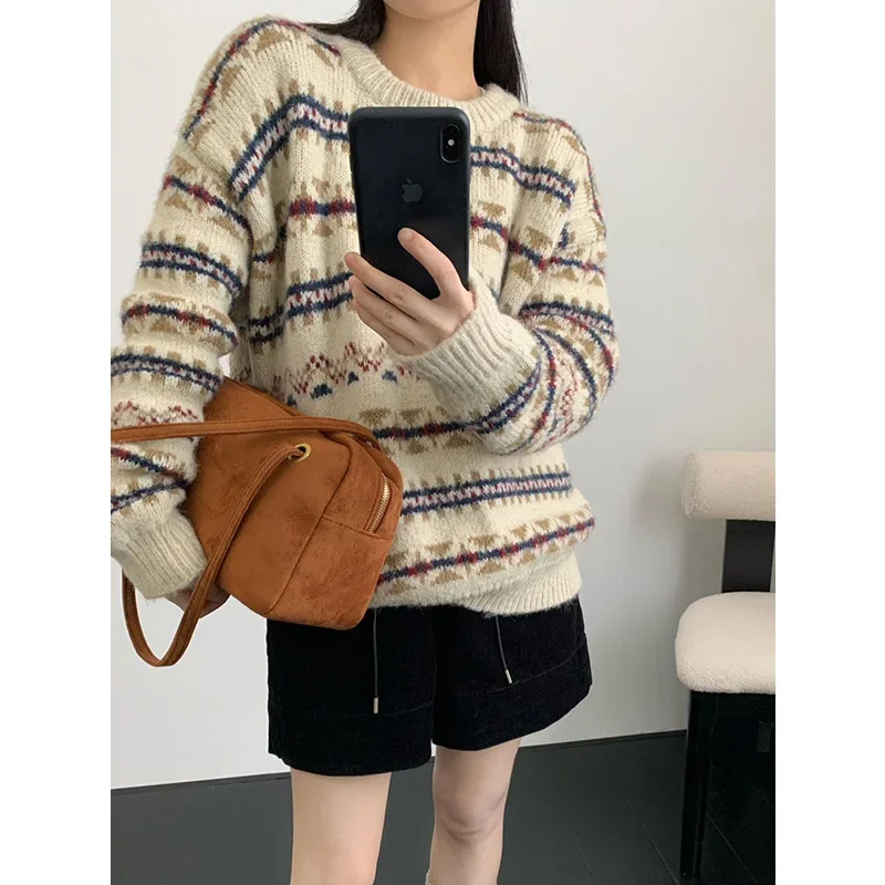 THINK 13-рядный жаккардовый свитер в корейском стиле с цветными блоками женский