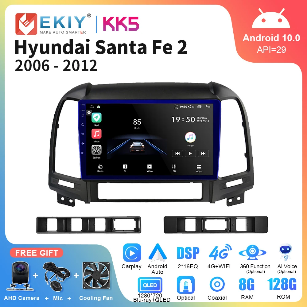 EKIY Radio con GPS para coche reproductor multimedia con Android 10 DSP vídeo navegador Carplay 2DIN para Hyundai Santa Fe 2 años 2006 a 2012 KK5