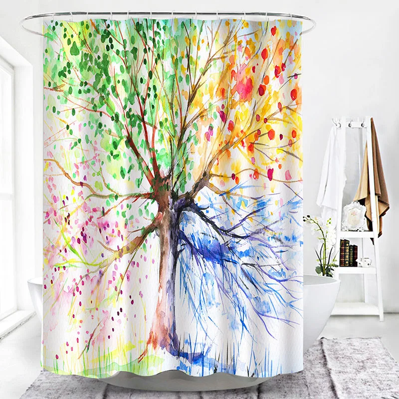 

Tree Plant Art Print Bathroom Shower Curtain Toilet Partition Decorative Bath Tub Curtain W/Hooks Water-Proof Rust-Proof White