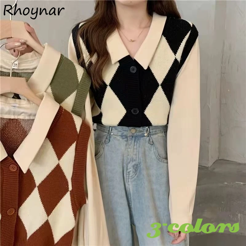 

Shirts Women Vintage Plaid Patchwork Fake 2 Piece Fashion Basic All-match Korean Style Casual Loose Ropa Mujer Youth Cozy Chic