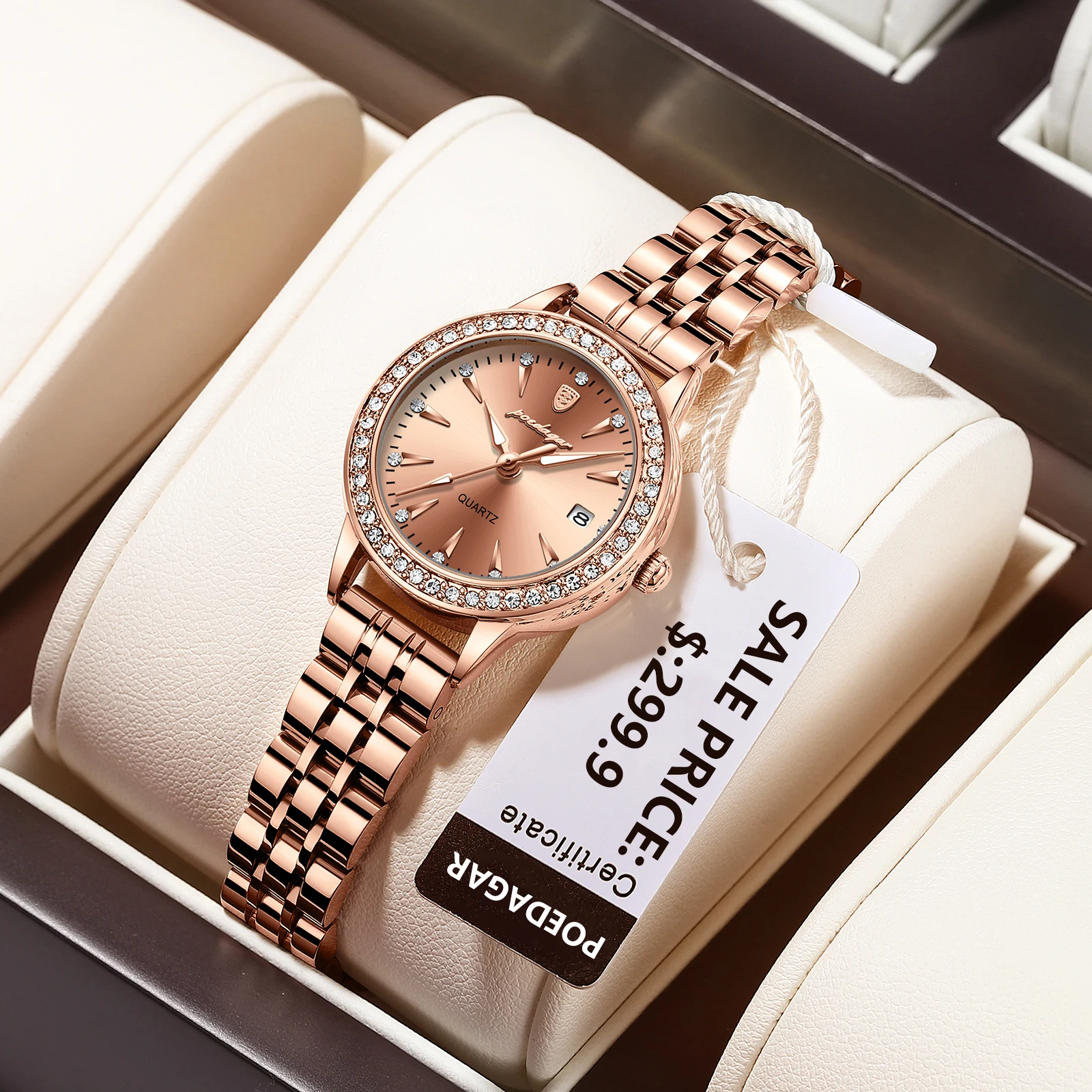 POEDAGAR-Reloj de lujo para mujer, pulsera de cuarzo resistente al agua con diamantes de oro rosa, fecha inoxidable, regalo para novia