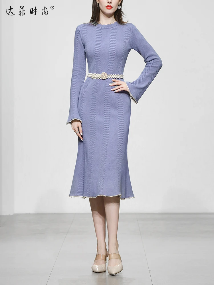 

Fashion Women Autumn Winter Dress Knitting Dress Elegant Purple Slim Waist Knitting Knee Length Dress Sweater Dresses Vestidos