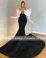 elegant black satin bow mermaid evening dresses 2022 sexy crystal long sleeve sweetheart party gowns robe de soir%c3%a9e femme