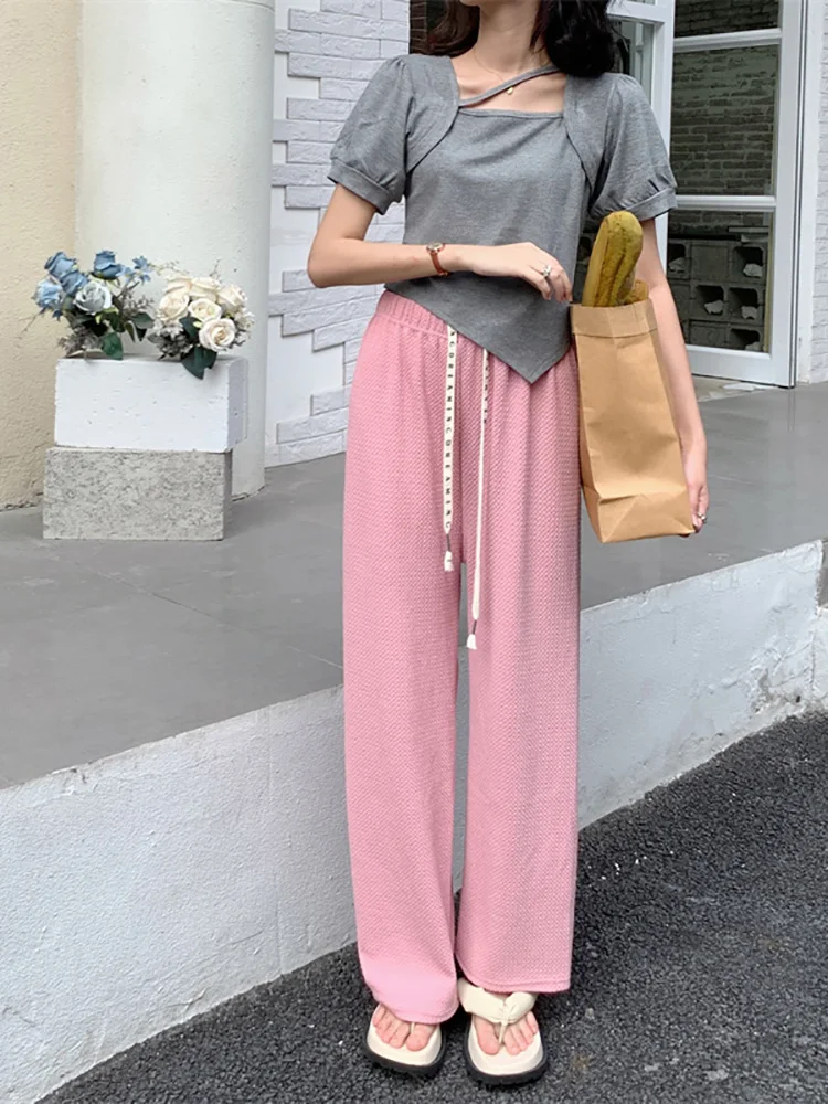 EVNISI Summer Straight Wide Leg Pants Women Elastic Waist Drawstring Slim Trousers For Women 2022 New Trousers