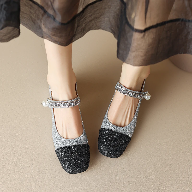 Square head spring and autumn women's shoes with sequin thin belt square heel thick heel high heel chain pearl women's shoes