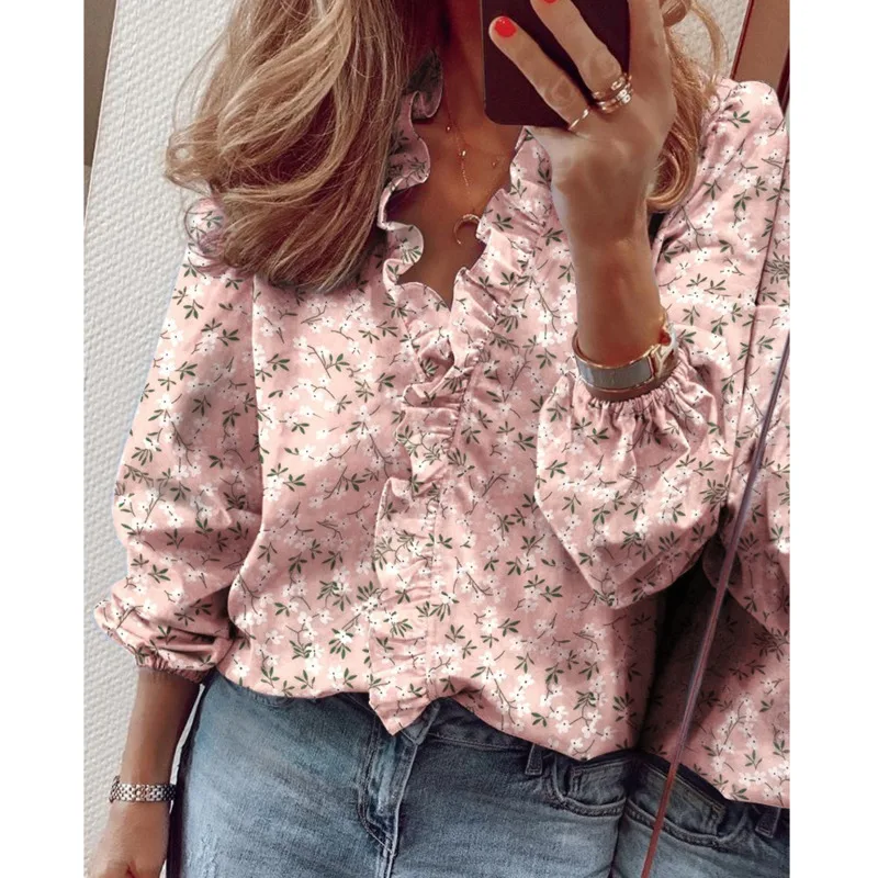 

2022 New Spring Summer Women's Shirt Fashion Printed Blouses Vintage Long Sleeve V Neck casual Female Shirts Streetwear Tops