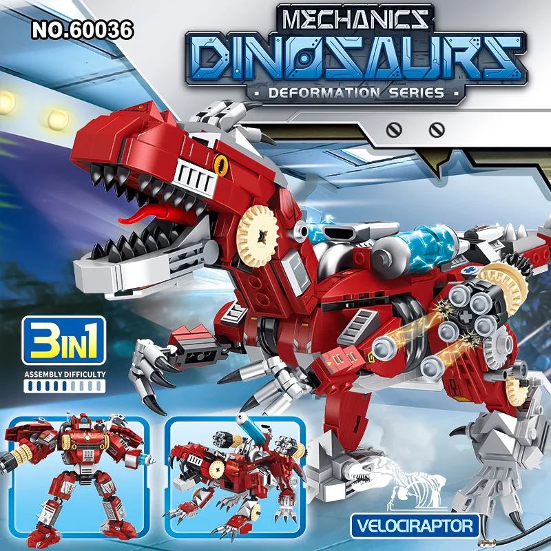 Children's puzzle toy assembly model gift dinosaur series mechanical velociraptor versatile building blocks