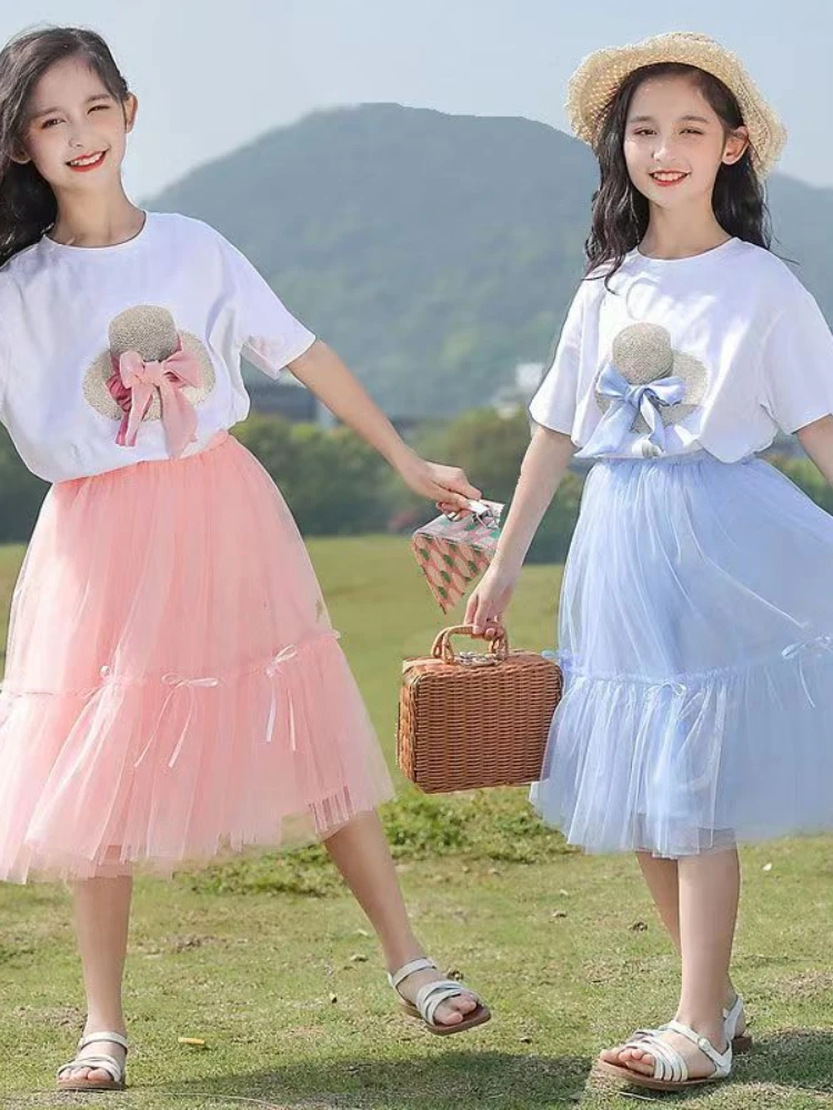 

Kids Girls Dress Fashion Princess Summer Birthday Casual T-shirt + Tutu Dresses 2PCS Children Clothes Vestido Teen 6 8 10 12 Yea